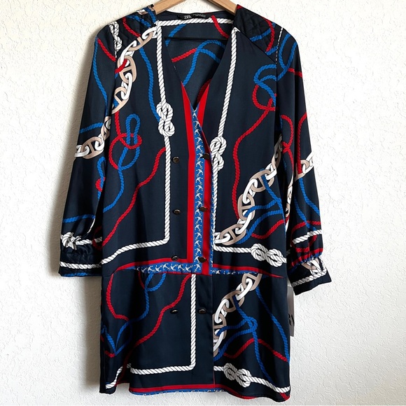 ZARA Nautical Chain Knot Print Dress Navy Double Breasted Mini XS NWT - Picture 4 of 11